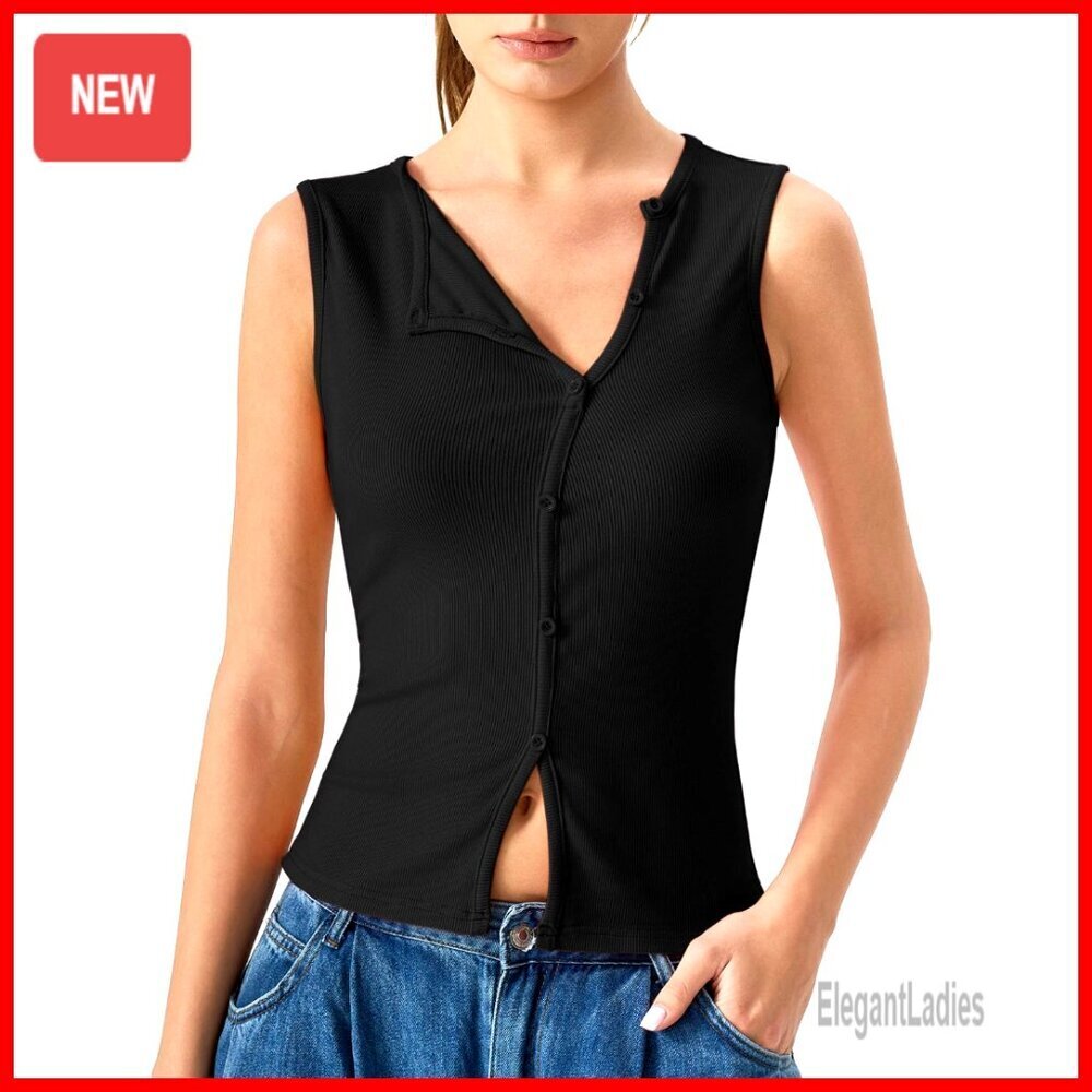 Sleeveless Ribbed Crewneck Tank Top with Button Fastening